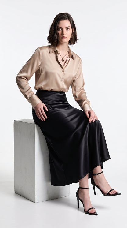 High-Waist Full-Length Satin Skirt in Black  – Elegant Fish Tail Flow Design