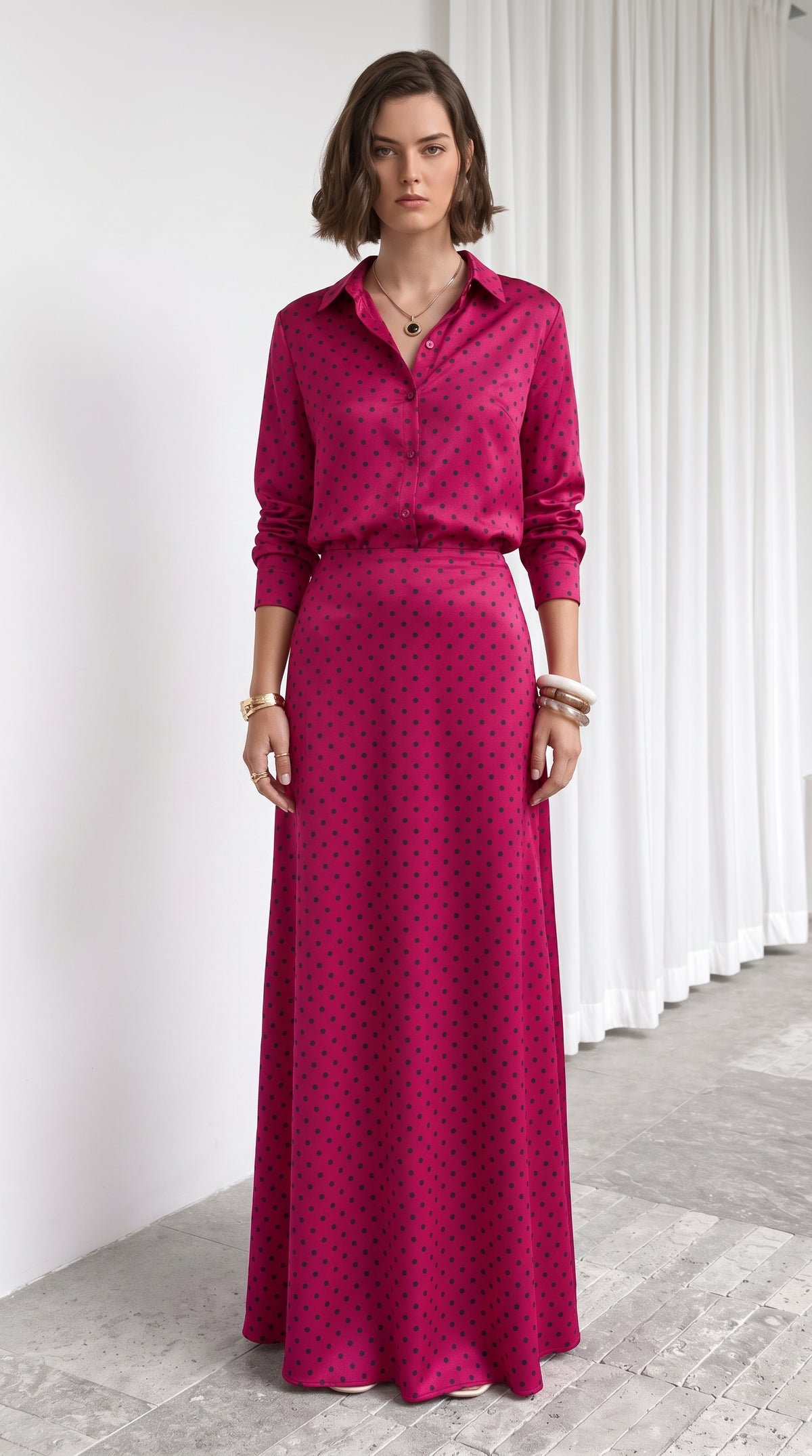 Women’s Pink Polka Dot Two-Piece Set – Satin Silk Shirt & Long Maxi Skirt