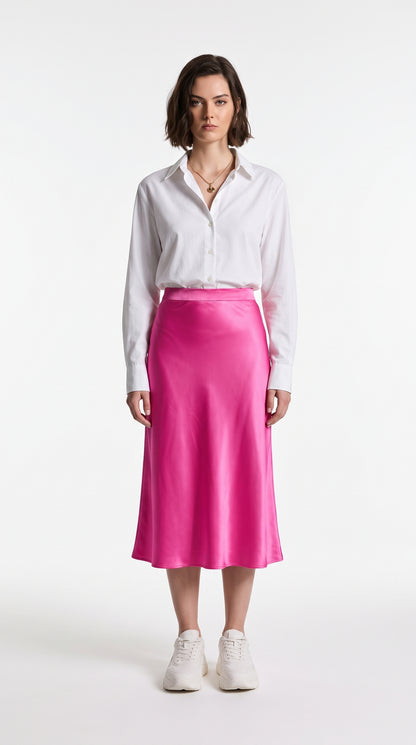 Full-Length Satin Skirt for Women – High Waist Solid Satin Hot Pink
