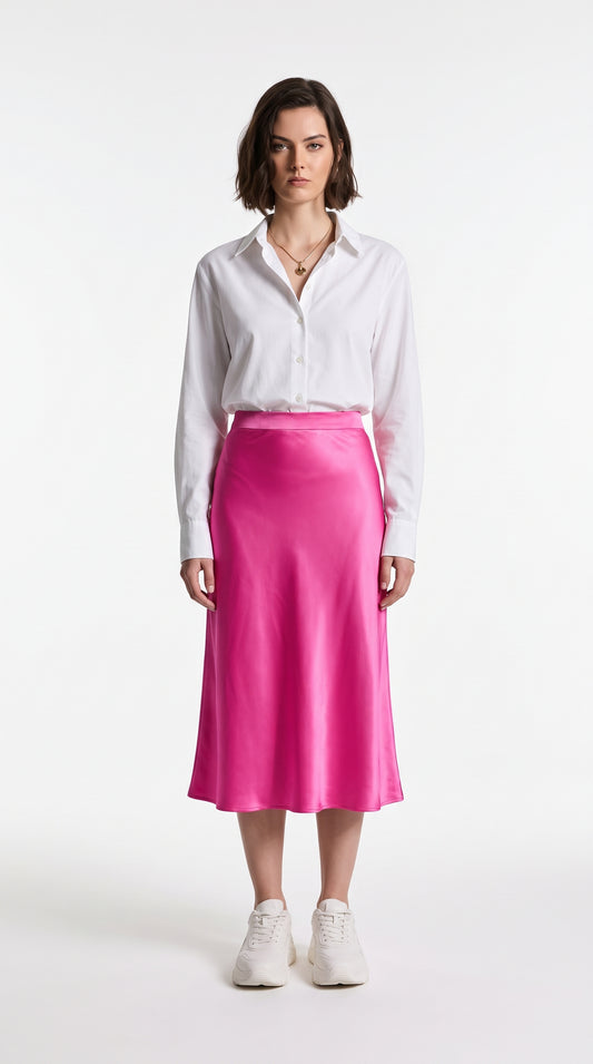 Full-Length Satin Skirt for Women – High Waist Solid Satin Hot Pink