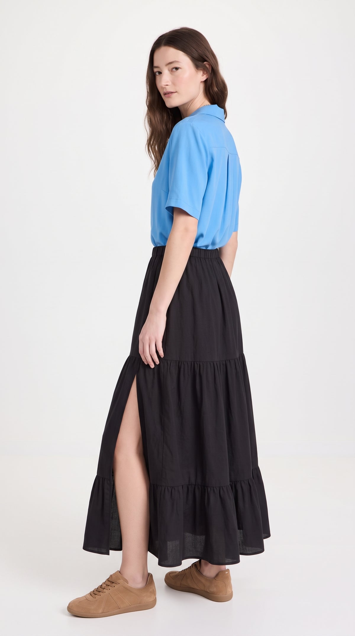 Mid-Calf Solid Color Elastic Waist Ruffle Hem Layered Skirt-Black