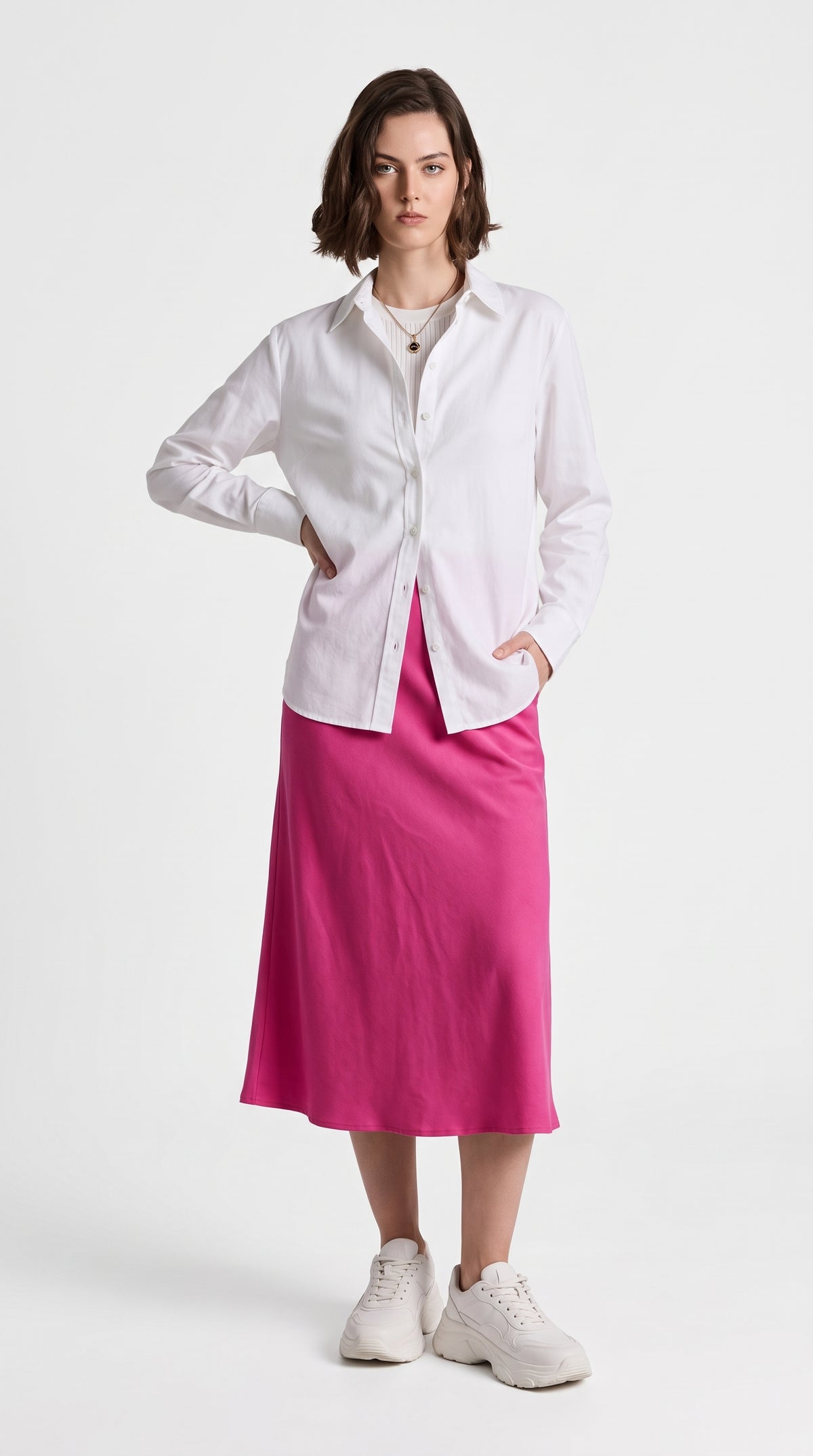 Full-Length Satin Skirt for Women – High Waist Solid Satin Hot Pink