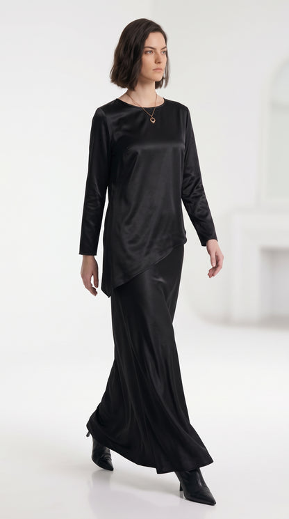 Luxe Satin Asymmetric Top & Maxi Skirt Set- Black Co-Ord Set