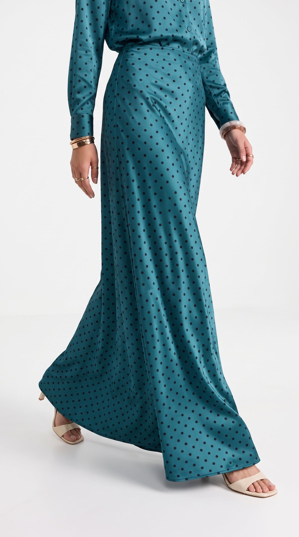 Petroleum Blue Polka Dot Co-Ord Set for Women – Satin Shirt & Full-Length Maxi Skirt