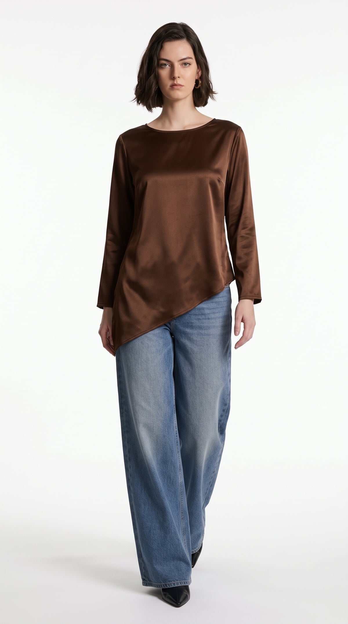 Brown Satin Texture Asymmetric Hem Long Sleeve Top