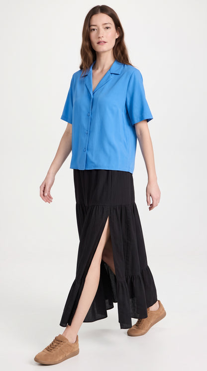 Mid-Calf Solid Color Elastic Waist Ruffle Hem Layered Skirt-Black