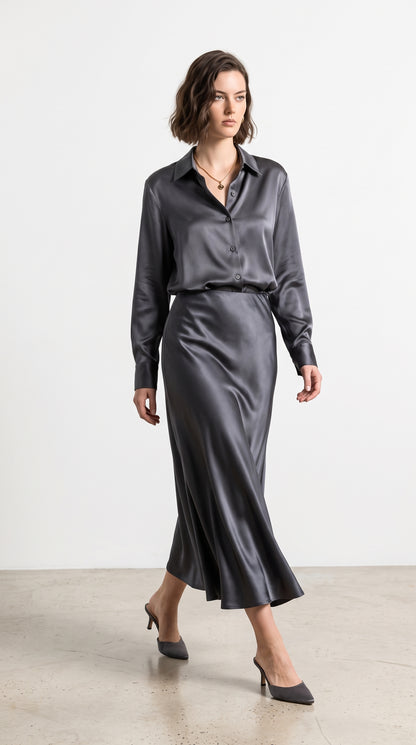 Women’s Satin Shirt & Long Skirt Set – Elegant Charcoal Grey Two-Piece Outfit