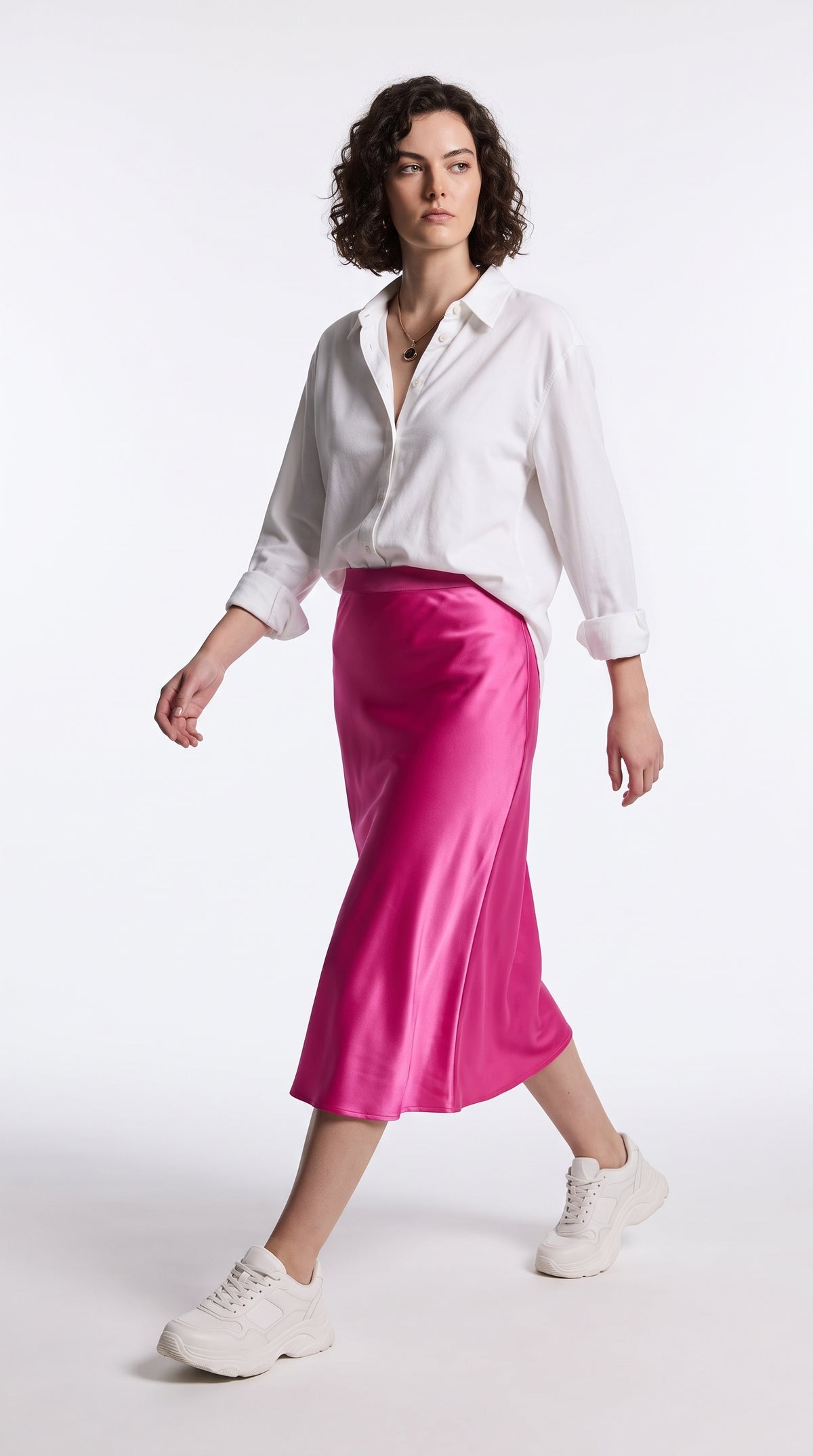 Full-Length Satin Skirt for Women – High Waist Solid Satin Hot Pink