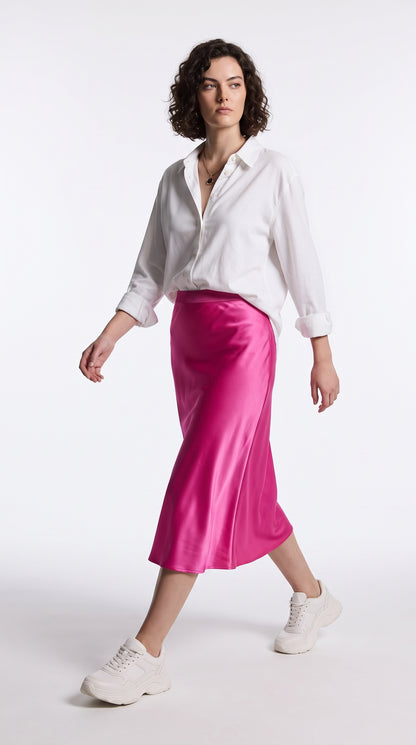 Full-Length Satin Skirt for Women – High Waist Solid Satin Hot Pink