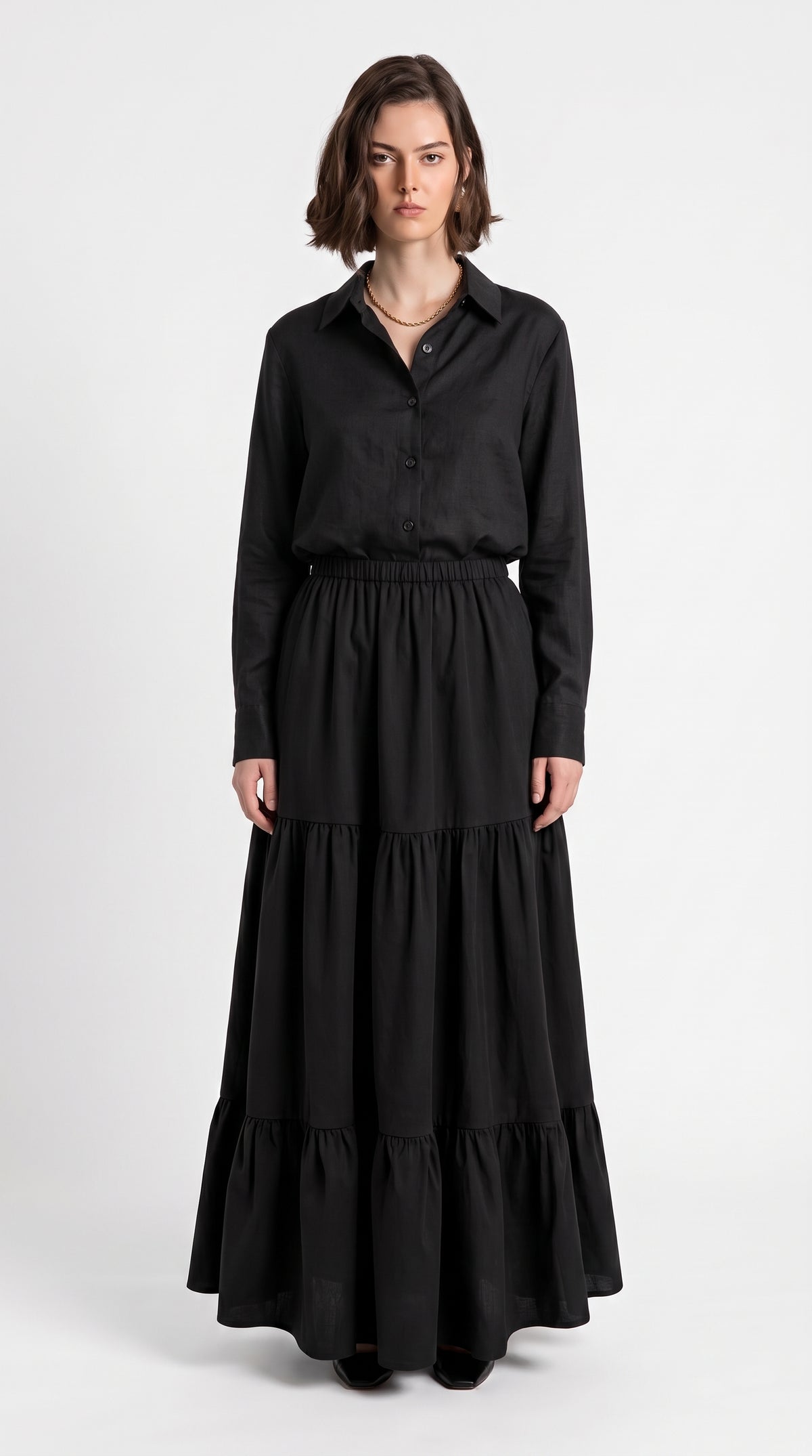 Women’s Black Shirt & Tiered Maxi Skirt Set – Elegant Two-Piece Outfit