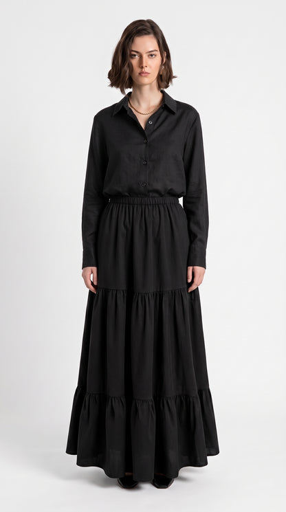Women’s Black Shirt & Tiered Maxi Skirt Set – Elegant Two-Piece Outfit