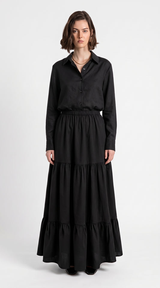 Women’s Black Shirt & Tiered Maxi Skirt Set – Elegant Two-Piece Outfit