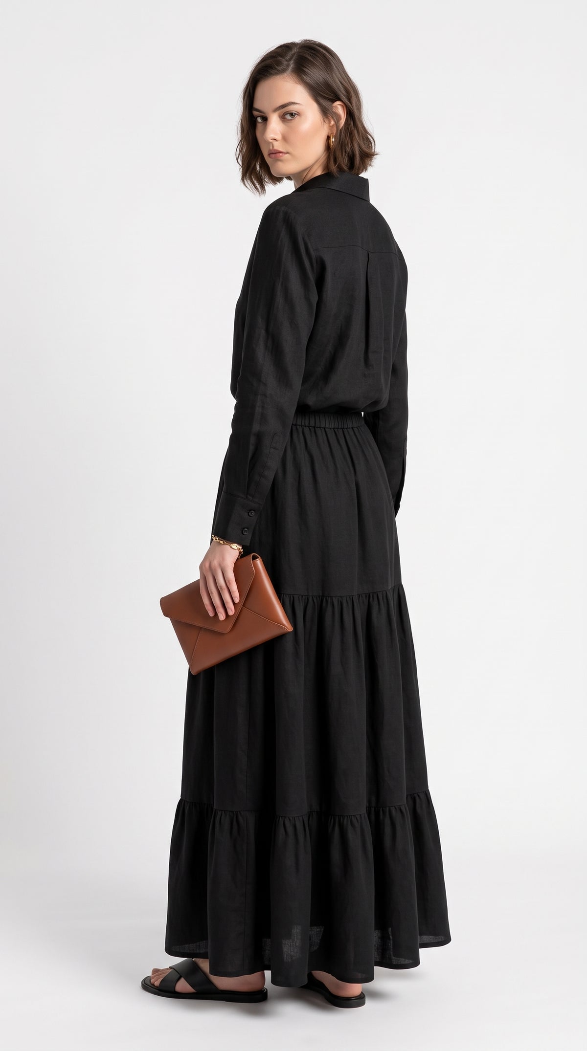 Women’s Black Shirt & Tiered Maxi Skirt Set – Elegant Two-Piece Outfit
