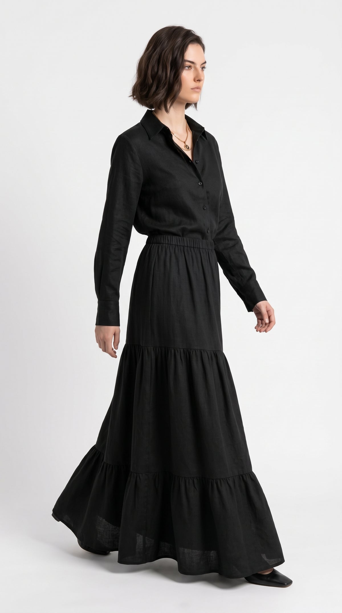 Women’s Black Shirt & Tiered Maxi Skirt Set – Elegant Two-Piece Outfit