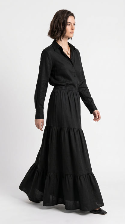 Women’s Black Shirt & Tiered Maxi Skirt Set – Elegant Two-Piece Outfit