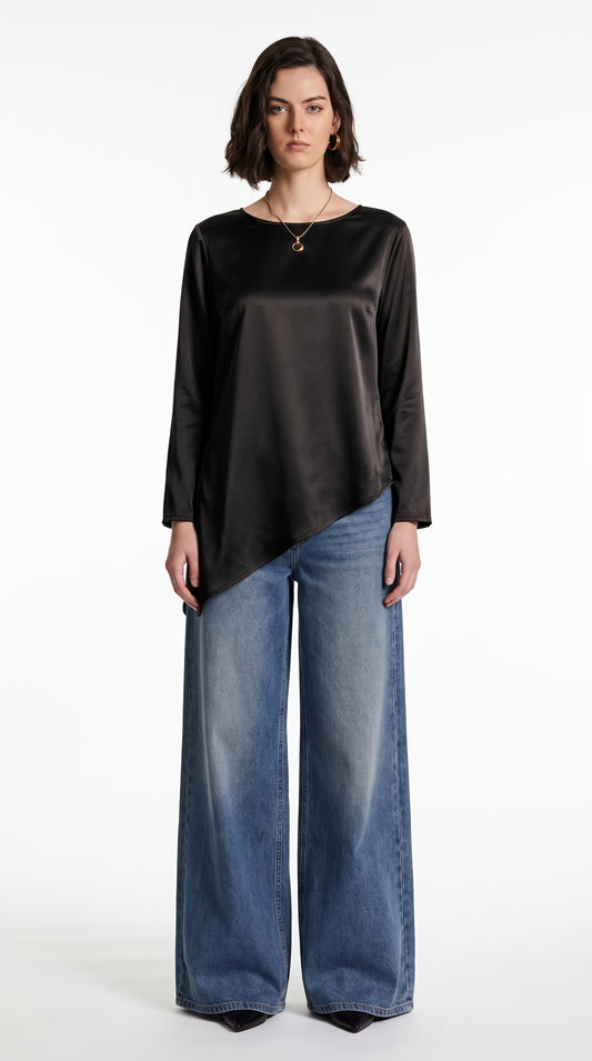 Black Satin Texture Asymmetric Hem Long Sleeve Top