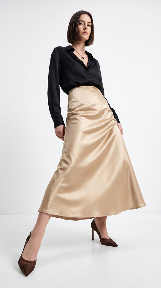 Full-Length Satin Skirt for Women – Elegant Champagne Fish Tail Hem Formal Wear