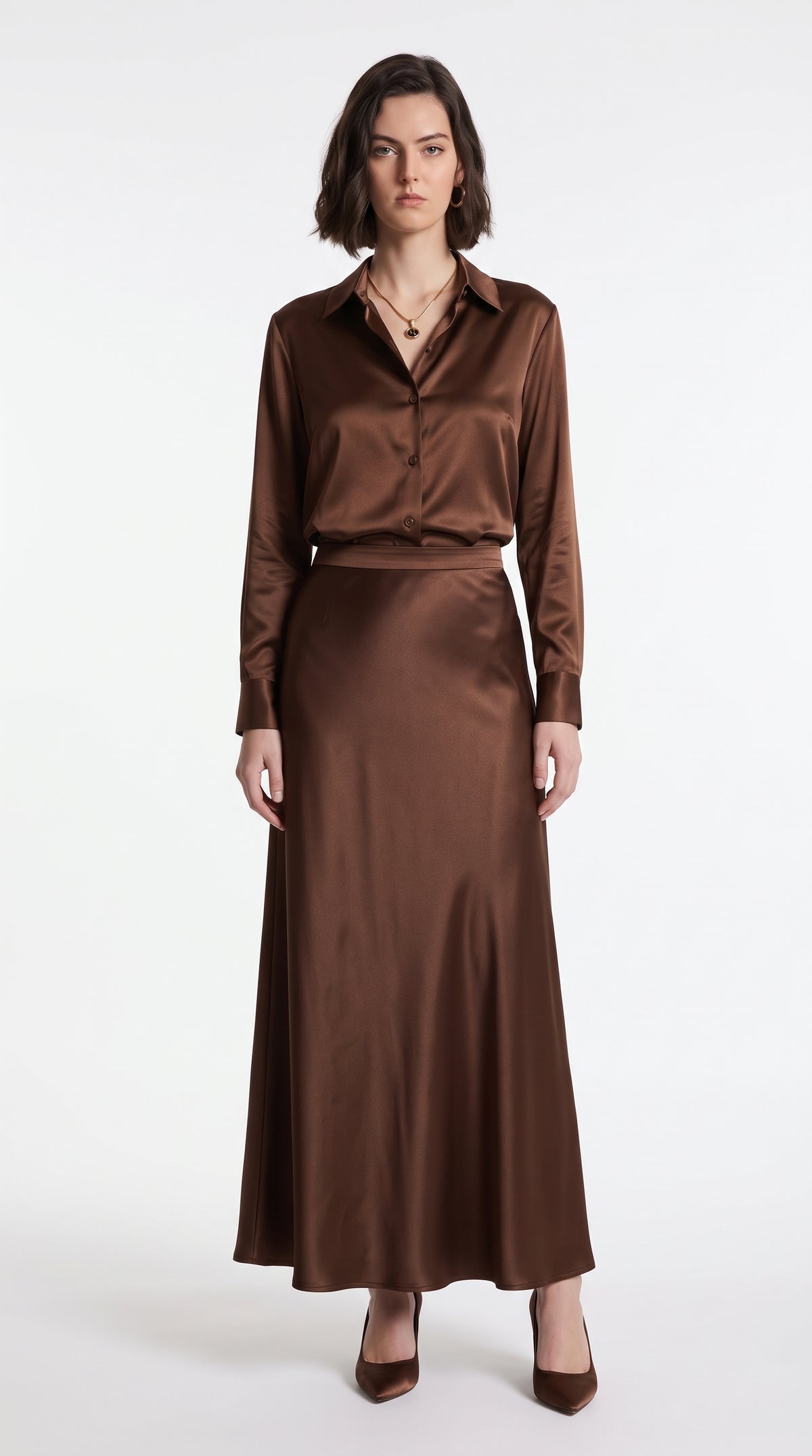Brown Satin Silk Shirt & Maxi Skirt Co-Ord Set – Elegant Two-Piece Outfit
