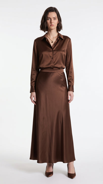 Brown Satin Silk Shirt & Maxi Skirt Co-Ord Set – Elegant Two-Piece Outfit