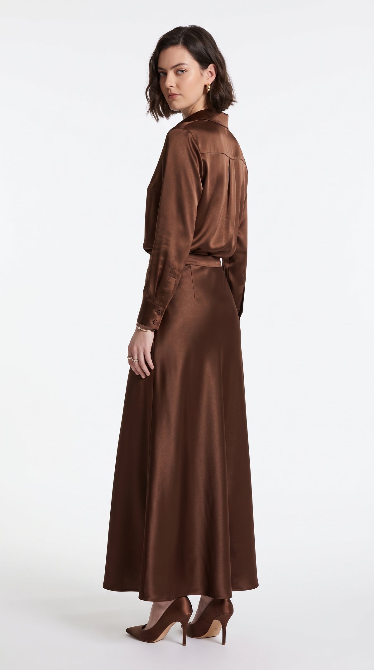 Brown Satin Silk Shirt & Maxi Skirt Co-Ord Set – Elegant Two-Piece Outfit