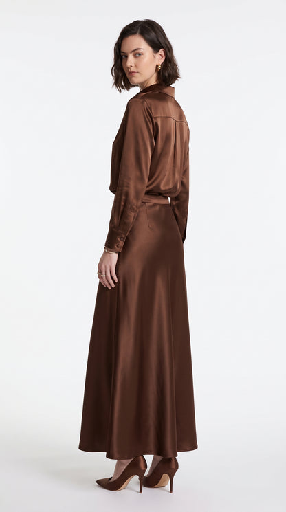 Brown Satin Silk Shirt & Maxi Skirt Co-Ord Set – Elegant Two-Piece Outfit