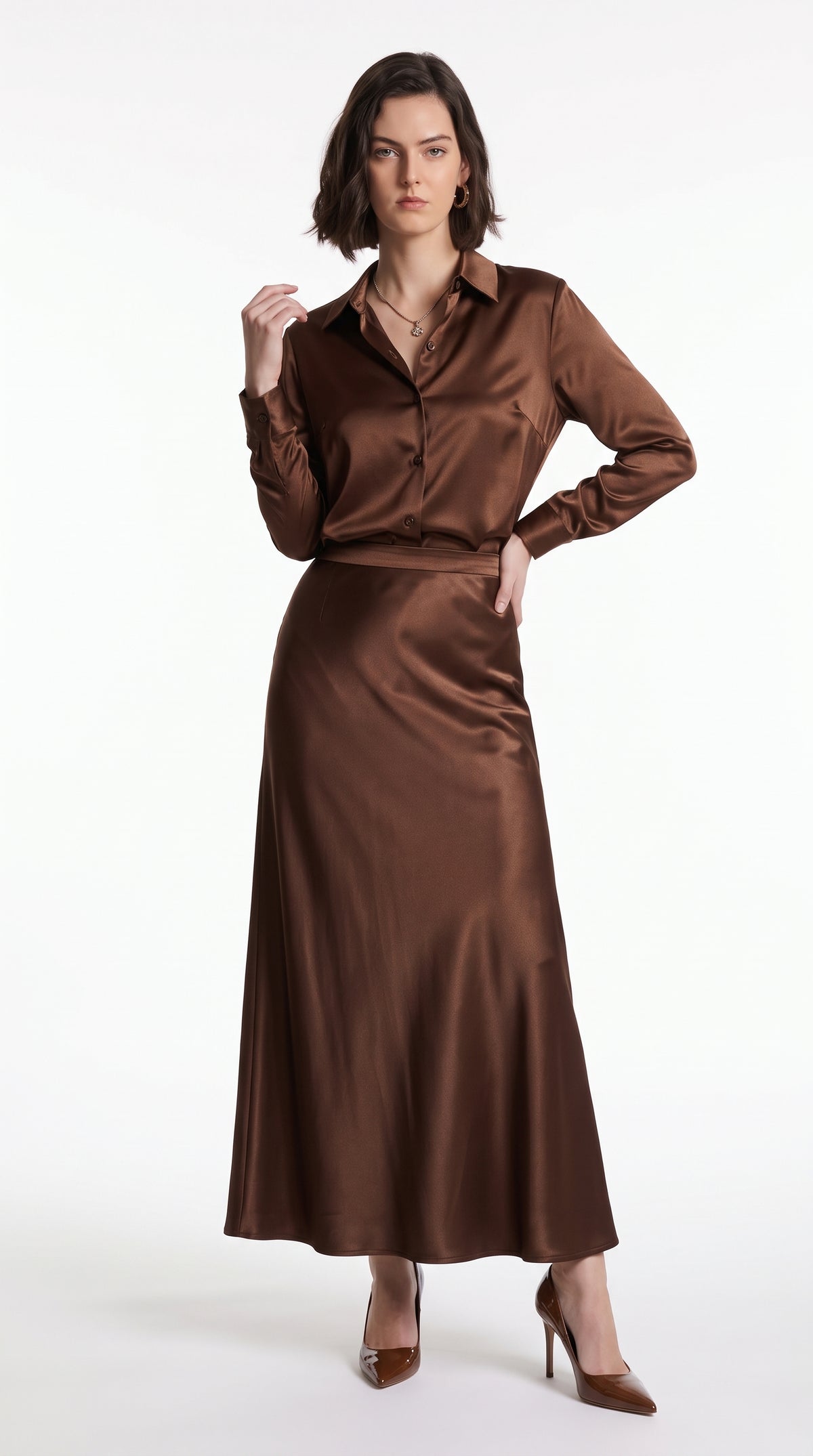 Brown Satin Silk Shirt & Maxi Skirt Co-Ord Set – Elegant Two-Piece Outfit