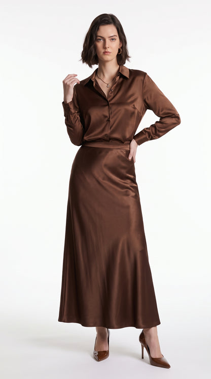 Brown Satin Silk Shirt & Maxi Skirt Co-Ord Set – Elegant Two-Piece Outfit
