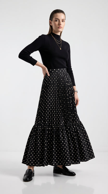 Ruffle Hem Polka Dot Skirt-High-Waist Long Maxi Skirt