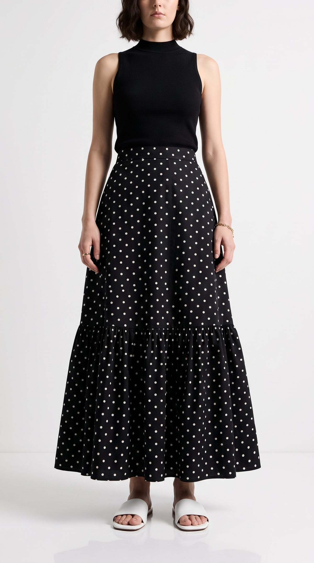 Ruffle Hem Polka Dot Skirt-High-Waist Long Maxi Skirt