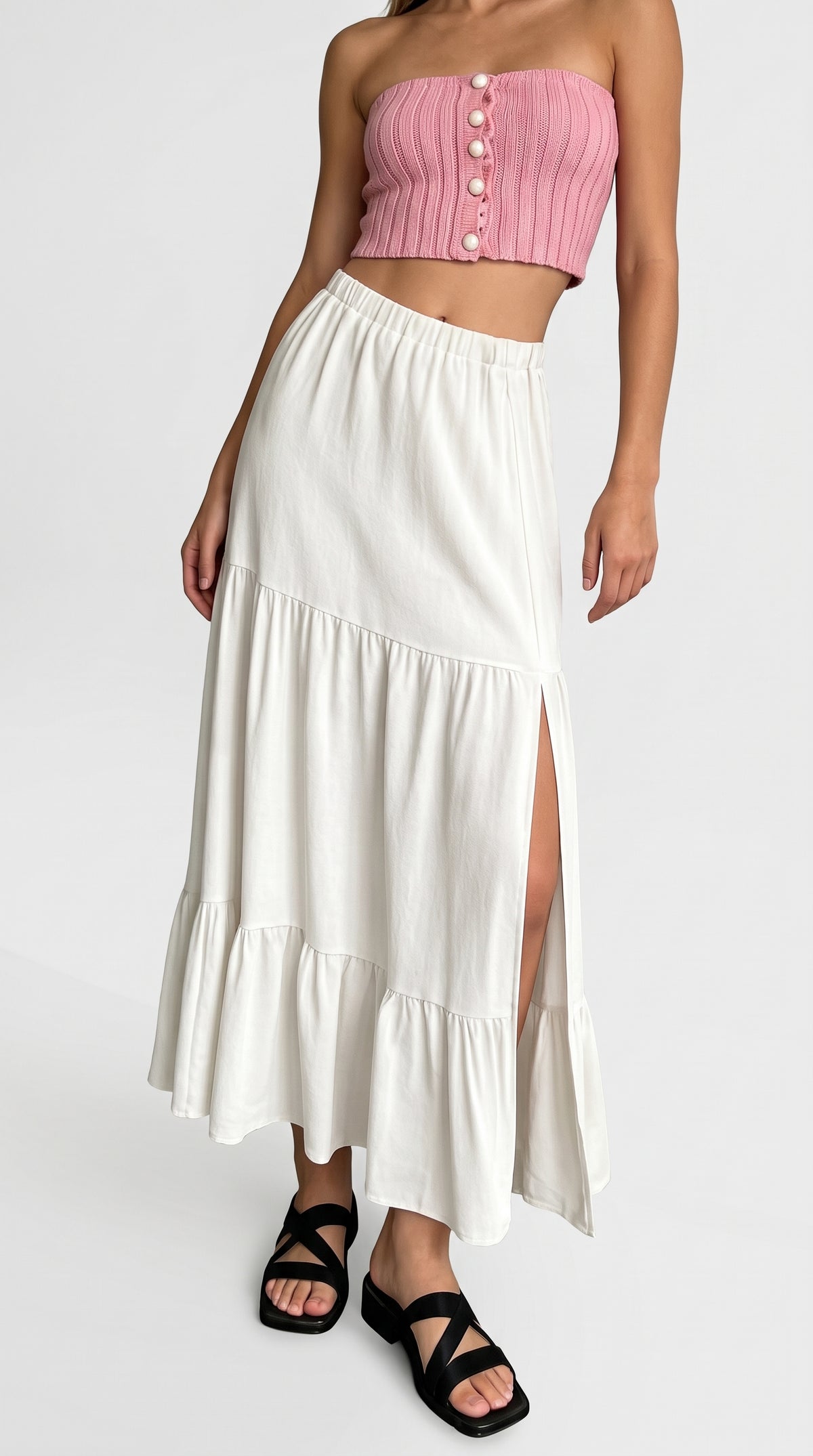 Mid-Calf Solid Color Elastic Waist Ruffle Hem Layered Skirt-white