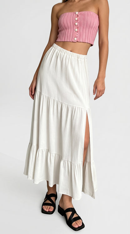 Mid-Calf Solid Color Elastic Waist Ruffle Hem Layered Skirt-white