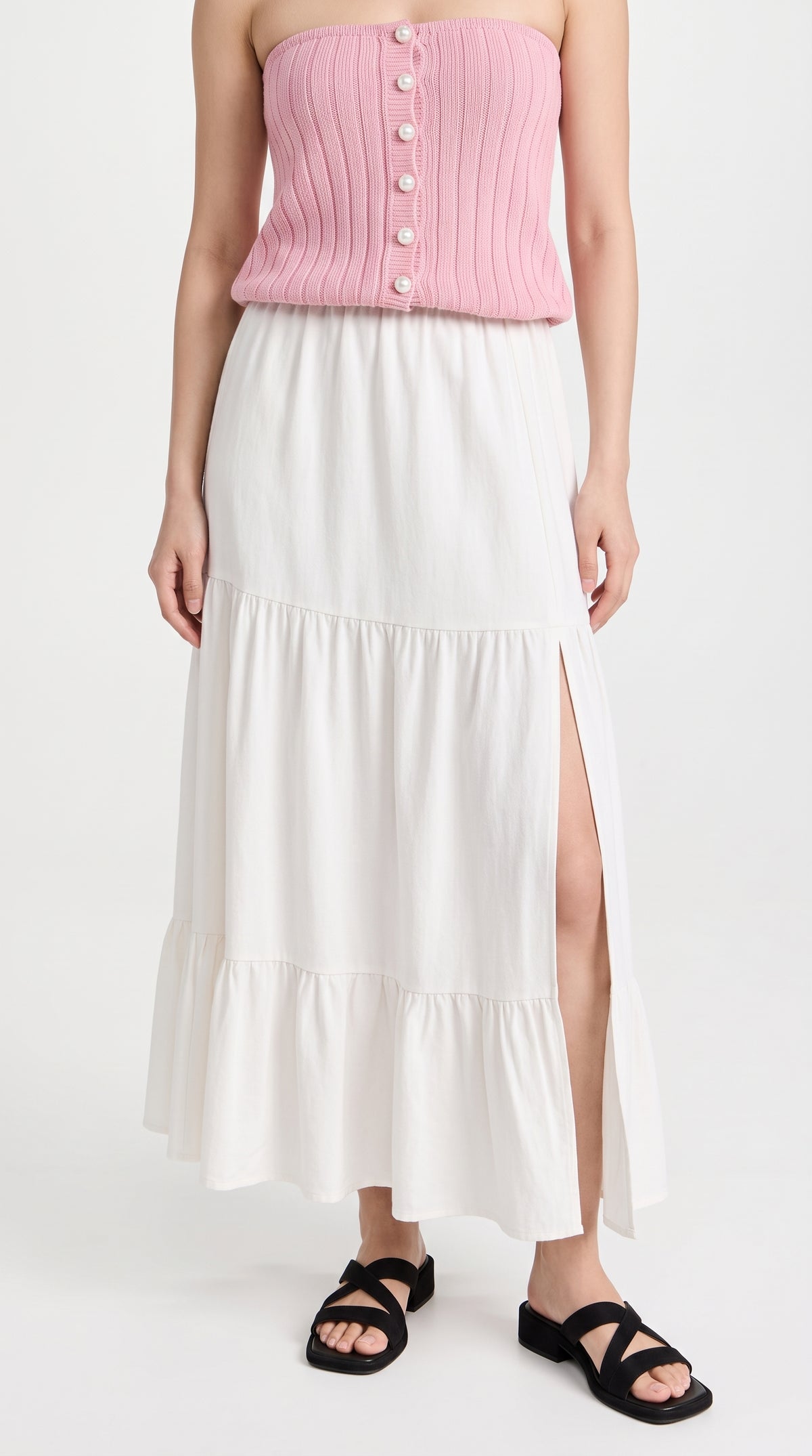 Mid-Calf Solid Color Elastic Waist Ruffle Hem Layered Skirt-white