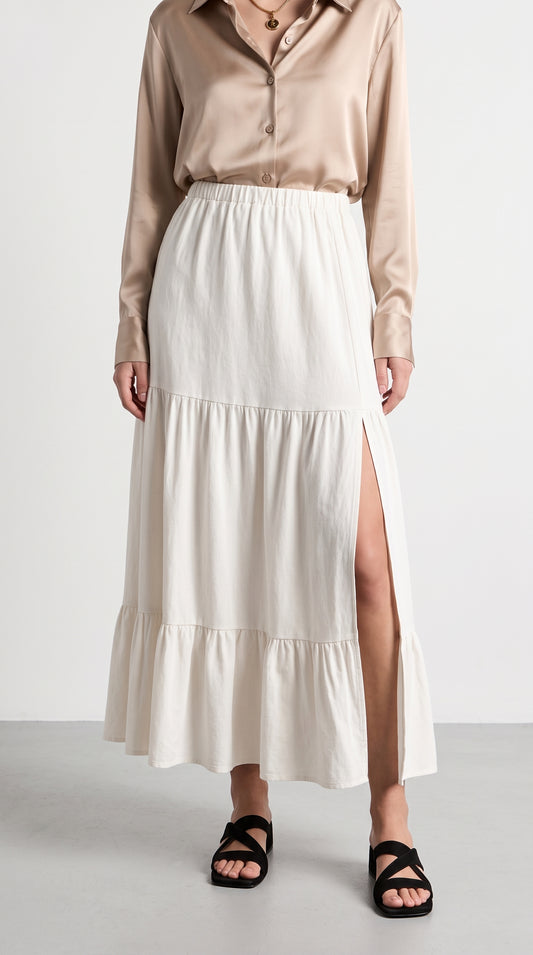 Mid-Calf Solid Color Elastic Waist Ruffle Hem Layered Skirt-white