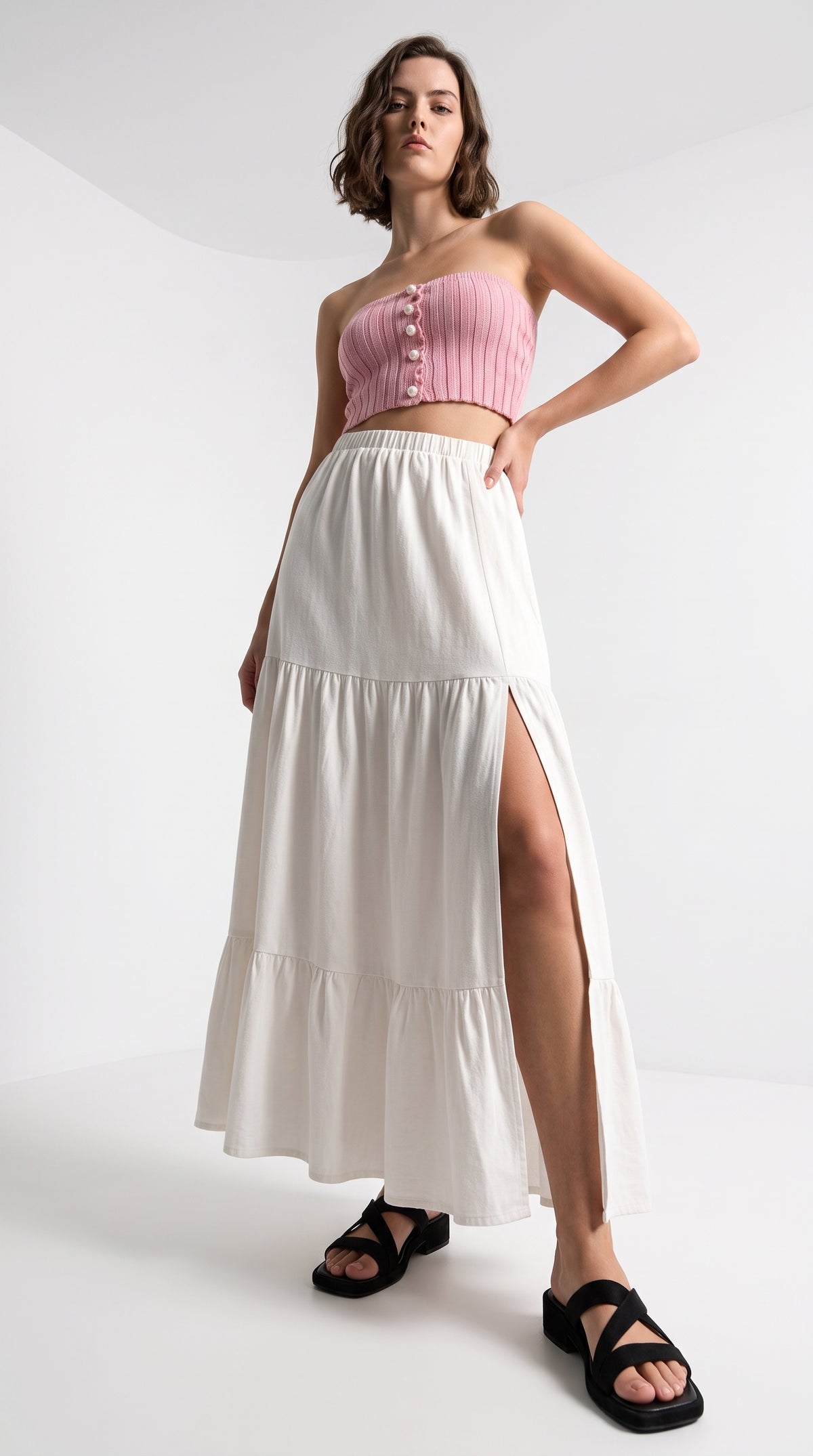 Mid-Calf Solid Color Elastic Waist Ruffle Hem Layered Skirt-white