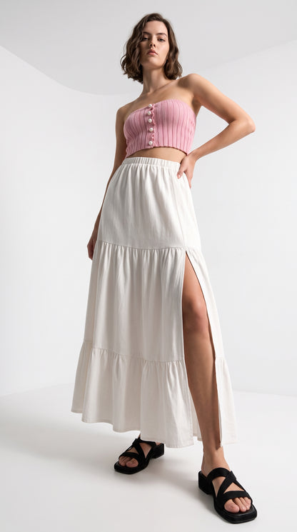 Mid-Calf Solid Color Elastic Waist Ruffle Hem Layered Skirt-white