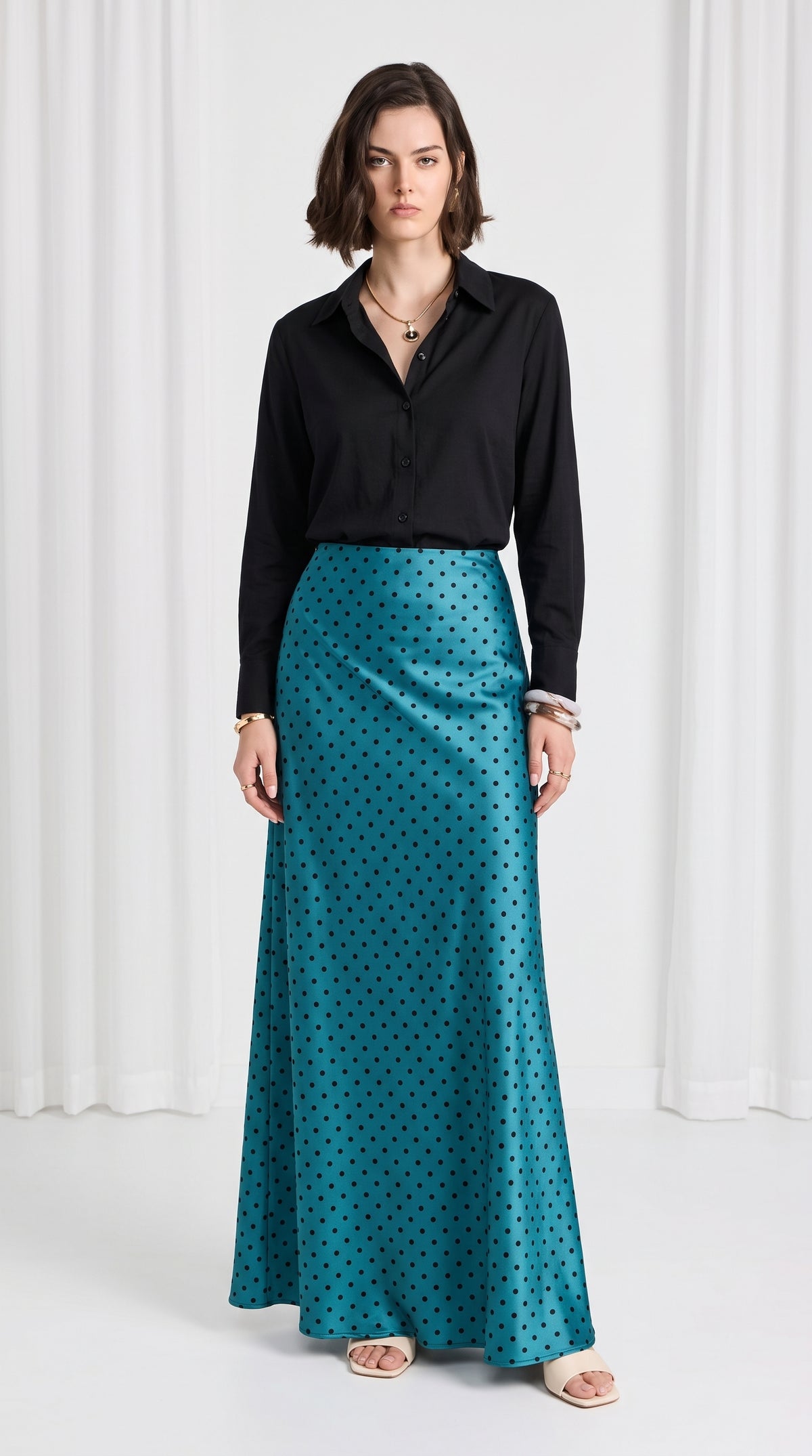 Women’s petroleum blue Polka Dot Maxi Skirt – A-Line Non-Stretch Satin Silk Skirt