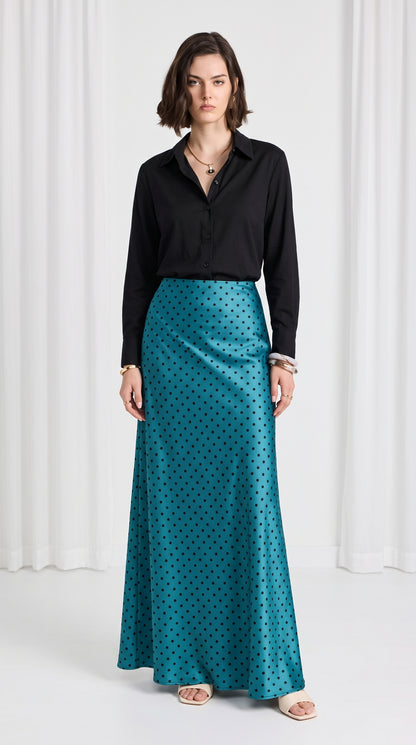 Women’s petroleum blue Polka Dot Maxi Skirt – A-Line Non-Stretch Satin Silk Skirt