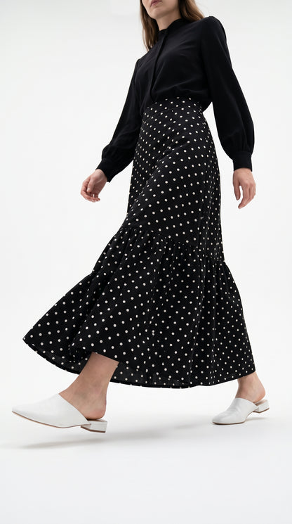 Ruffle Hem Polka Dot Skirt-High-Waist Long Maxi Skirt