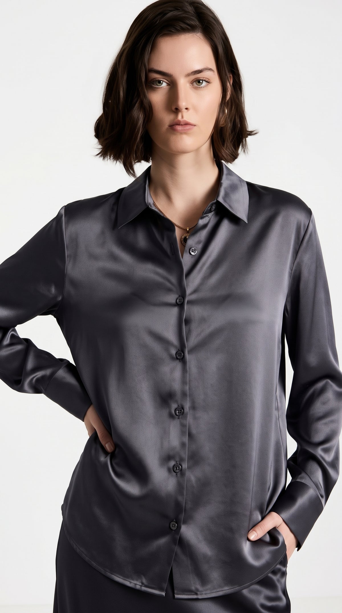 Women’s Satin Silk Button-Down Shirt – Elegant Charcoal Grey