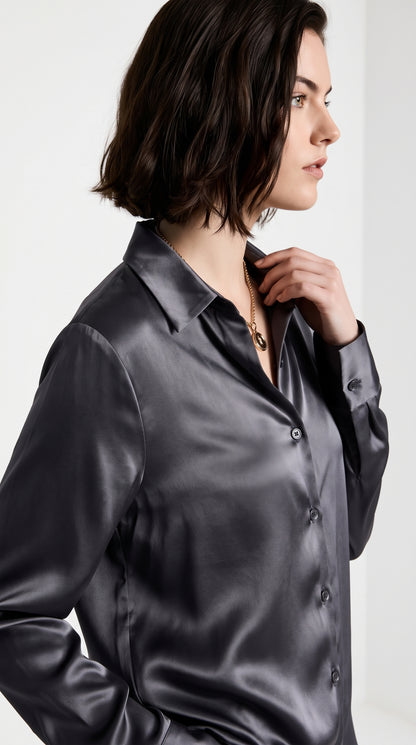 Women’s Satin Silk Button-Down Shirt – Elegant Charcoal Grey