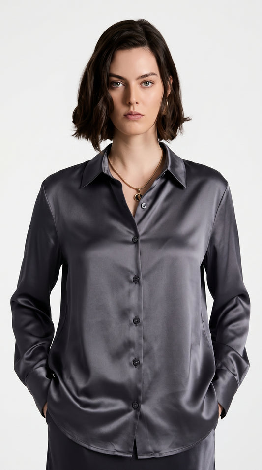 Women’s Satin Silk Button-Down Shirt – Elegant Charcoal Grey