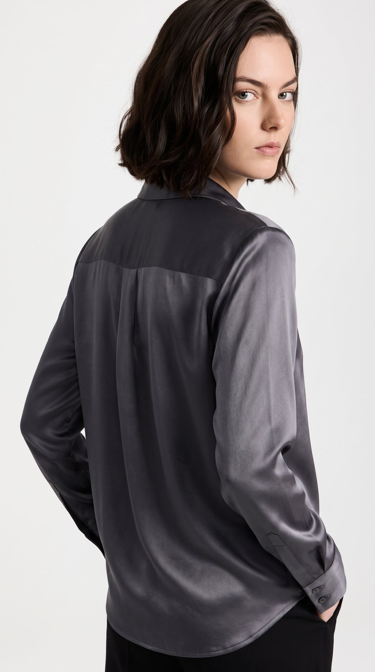 Women’s Satin Silk Button-Down Shirt – Elegant Charcoal Grey