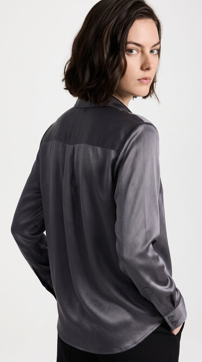 Women’s Satin Silk Button-Down Shirt – Elegant Charcoal Grey