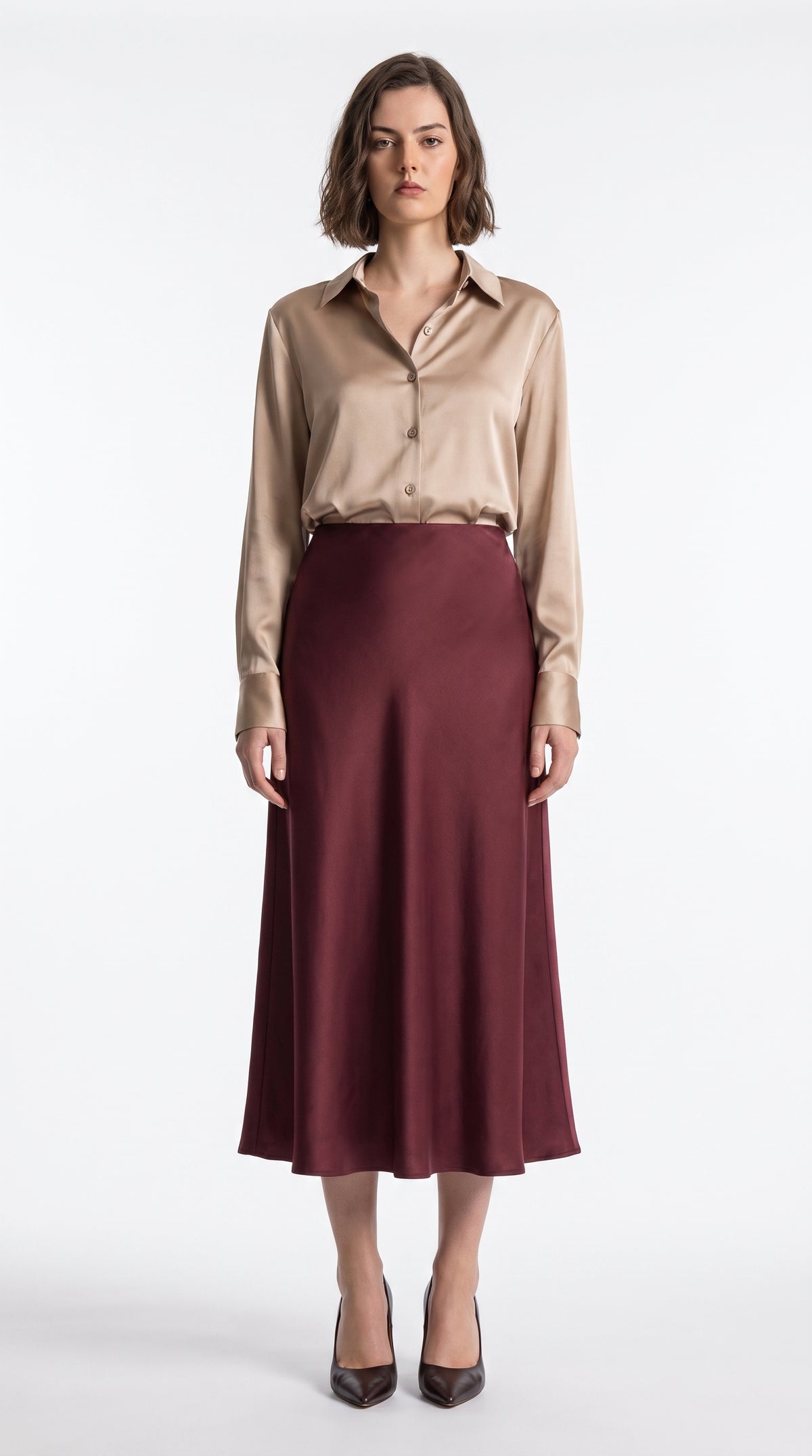 Women’s Flowing Satin Skirt – Full-Length Elegant Formal Wear in Maroon