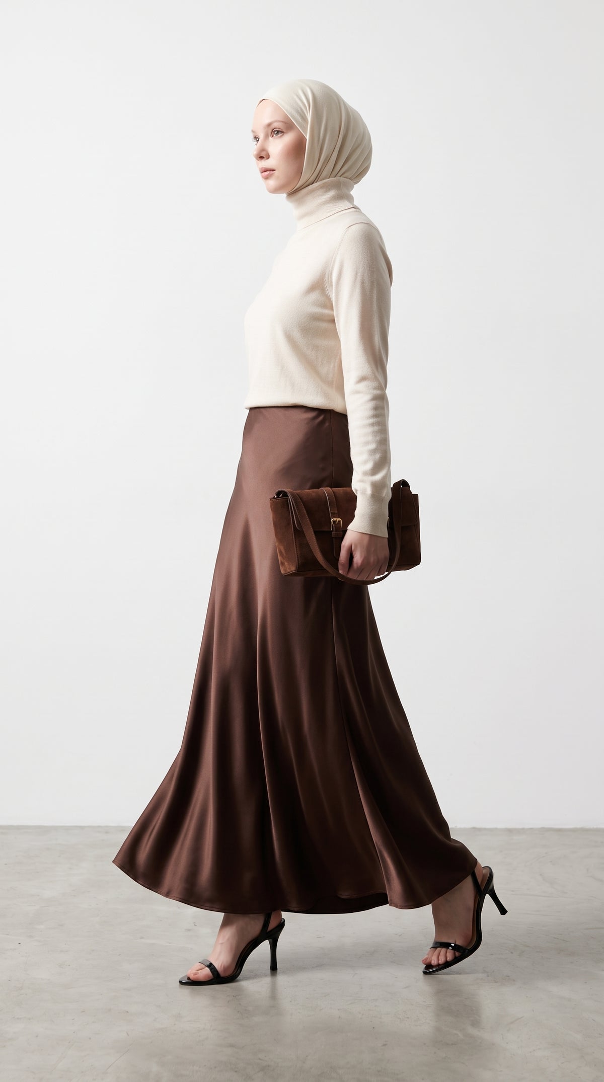 Women's Smooth Long Satin Silk Brown Skirt, Satin Glossy Fabric