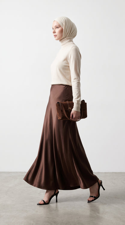 Women's Smooth Long Satin Silk Brown Skirt, Satin Glossy Fabric