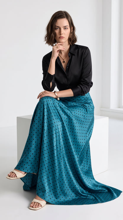 Women’s petroleum blue Polka Dot Maxi Skirt – A-Line Non-Stretch Satin Silk Skirt