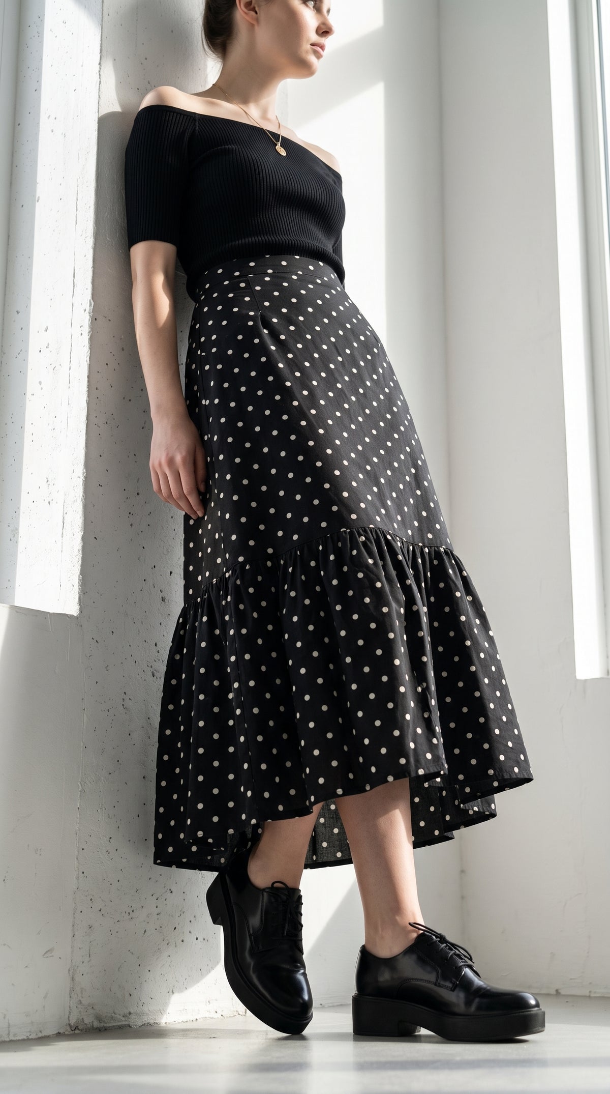 Ruffle Hem Polka Dot Skirt-High-Waist Long Maxi Skirt