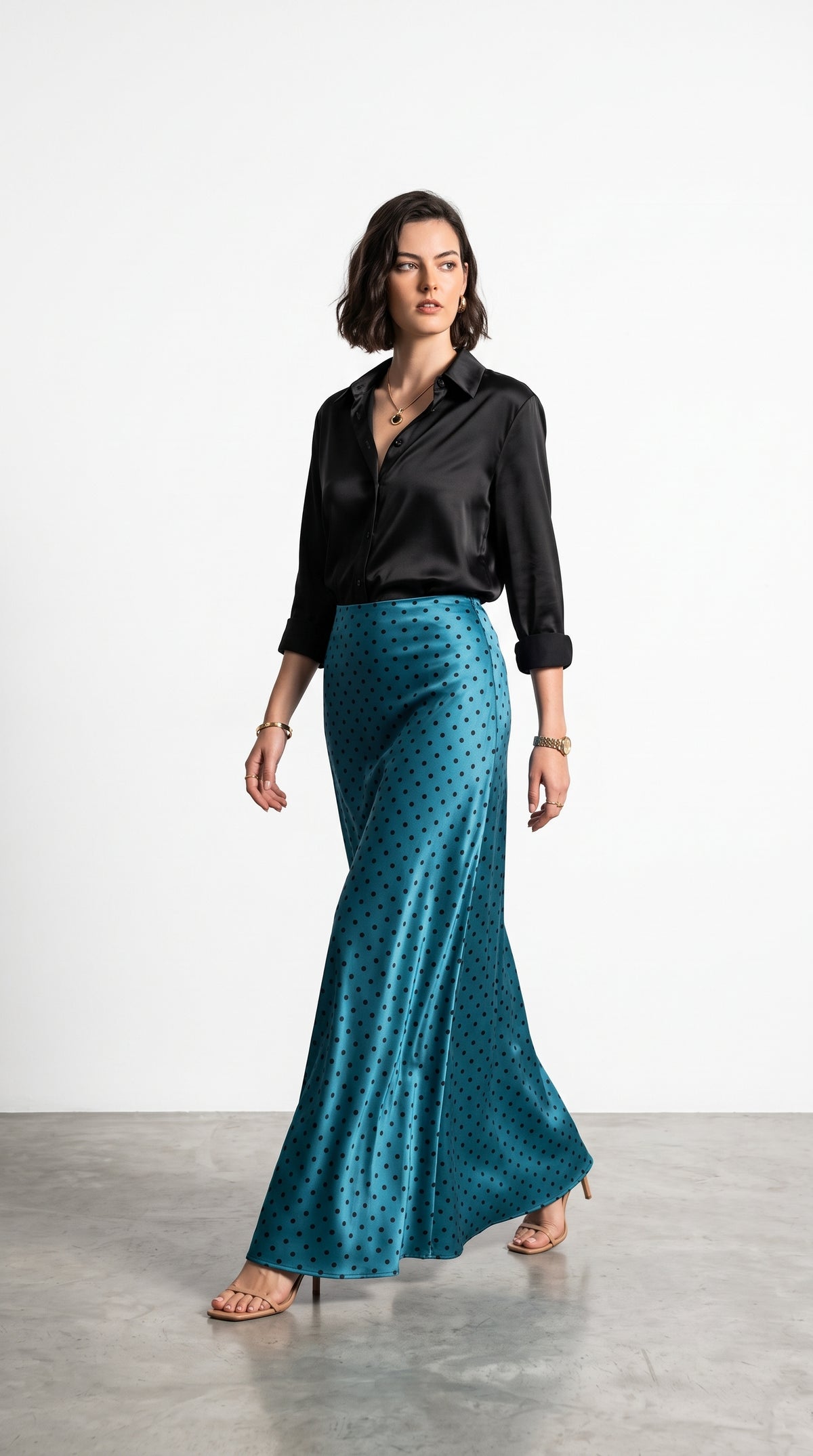 Women’s petroleum blue Polka Dot Maxi Skirt – A-Line Non-Stretch Satin Silk Skirt