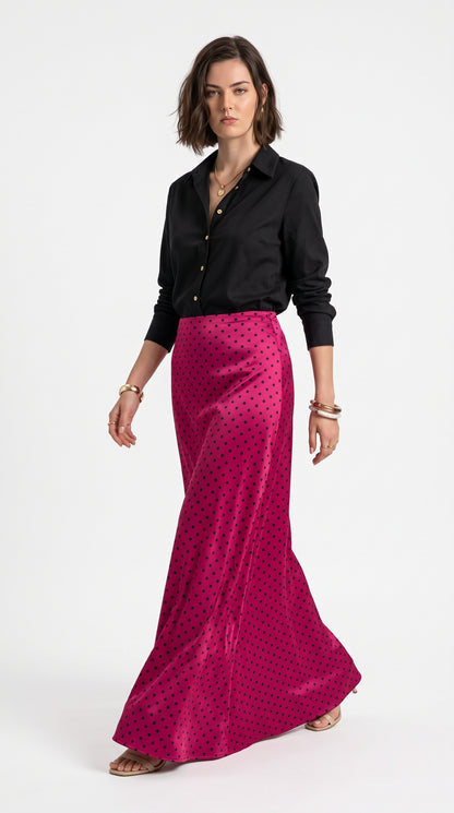 Women’s Red Polka Dot Long Maxi Skirt – Non-Stretch Satin Silk
